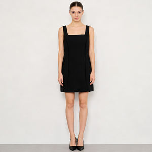 Mini vestido negro sin mangas con cuello cuadrado para mujer |   Vestido de Trabajo Estructurado en Línea A con Bolsillos Laterales (Tela/Color Personalizable) - Product Image 1