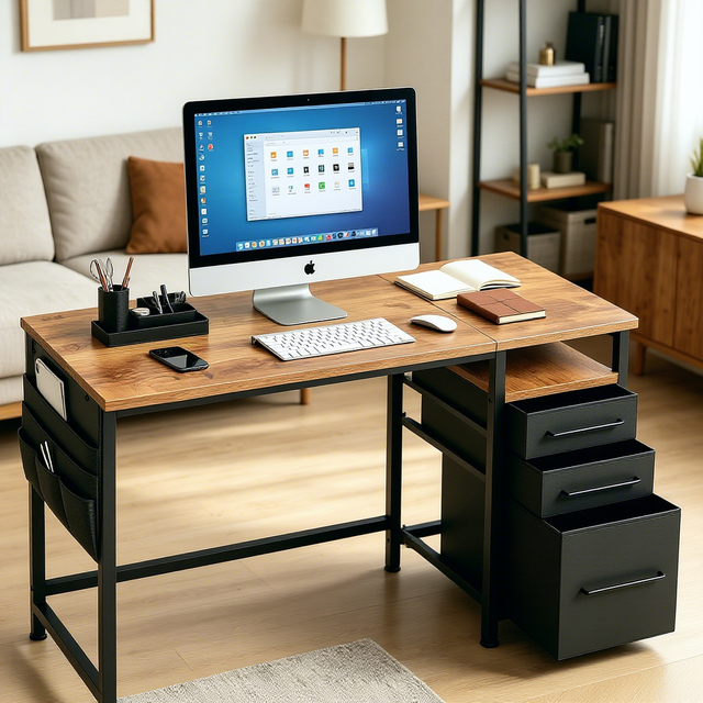 Ergonomic Small Desk Drawers Shelves Metal Frame Computer Desk Storage for PC/Laptop Adjustable Space-Saving Multi-Functional