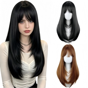 Peluca Larga en Capas con Flequillo para <span class=keywords><strong>Mujer</strong></span>, Resistente al Calor, Sintética, Ideal para Uso Diario y Fiestas - Product Image 6