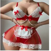 Ensemble de lingerie sexy pour femme avec chaîne de perles, déguisement de cosplay, costume de demoiselle d'honneur en dentelle contrastante, tenue amusante avec nœud en dentelle, grande taille, respirant