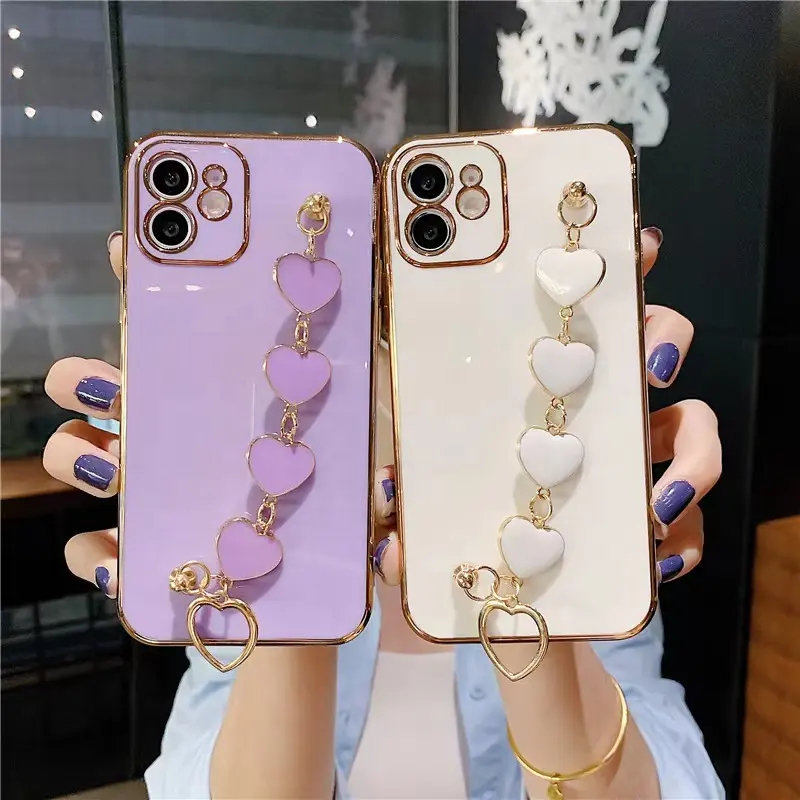 Women Girls Luxury Electroplated Candy Color Love Wrist Strap Soft TPU Phone Case for iPhone 13 12 11 Pro Max XS XR X 7 8