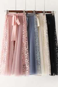 꽃 자수 A 라인 투투 레이스 메쉬 스커트 여성 우아한 얇은 명주 그물 롱 플리츠 스커트 여성 미디 스커트 여름 - Product Image 2