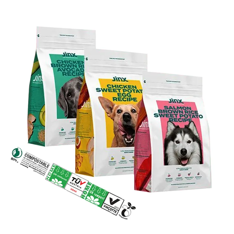 Custom 10kg 15kg 20kg Eco Friendly Resealable Zipper Pla Pbat Biodegradable Plastic Treats Feed Food Packaging Pet Dog Snack Bag