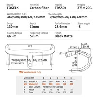 Handlebar Sepeda Jalan Raya Full Carbon OEM/ODM TOSEEK dengan Kabel Tersembunyi, Ukuran 360/380/400/420/440mm, Terintegrasi