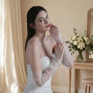 <b>White</b> Black Long <b>Tulle</b> Sheer Beaded Pearl Fingerless Gloves 100% Polyester Elegant Bridal Sleeves Formal Evening Wedding Party 3 - Product Image 3