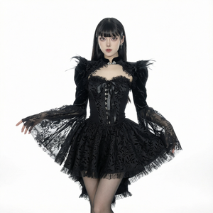 Robe corset gothique noire Lolita avec dentelle, corsage à lacets, taille haute, mini-robe pour soirée décontractée - Product Image 1