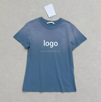Nouveau T-shirt imprimé lettres 2026, bleu brume vintage, coupe ajustée, col rond, en coton pour femme