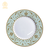 Service de table en céramique bleu turquoise avec motifs floraux dorés, vaisselle en porcelaine fine pour événements et traiteurs