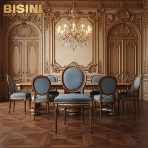 Silla de Comedor sin Brazos de Estilo Provincial Europeo, Estructura de Madera Hecha a Mano, Decoración Dorada, <span class=keywords><strong>Asiento</strong></span> de Terciopelo Azul Vintage Suave, Silla Lateral Confortable - Product Image 6