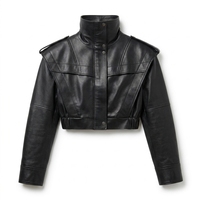 Jaket Kulit Domba Hitam Wanita Model Pendek Musim Gugur Ramah Lingkungan Anti Kusut Kerah Tegak Sayap Bahu Tersembunyi