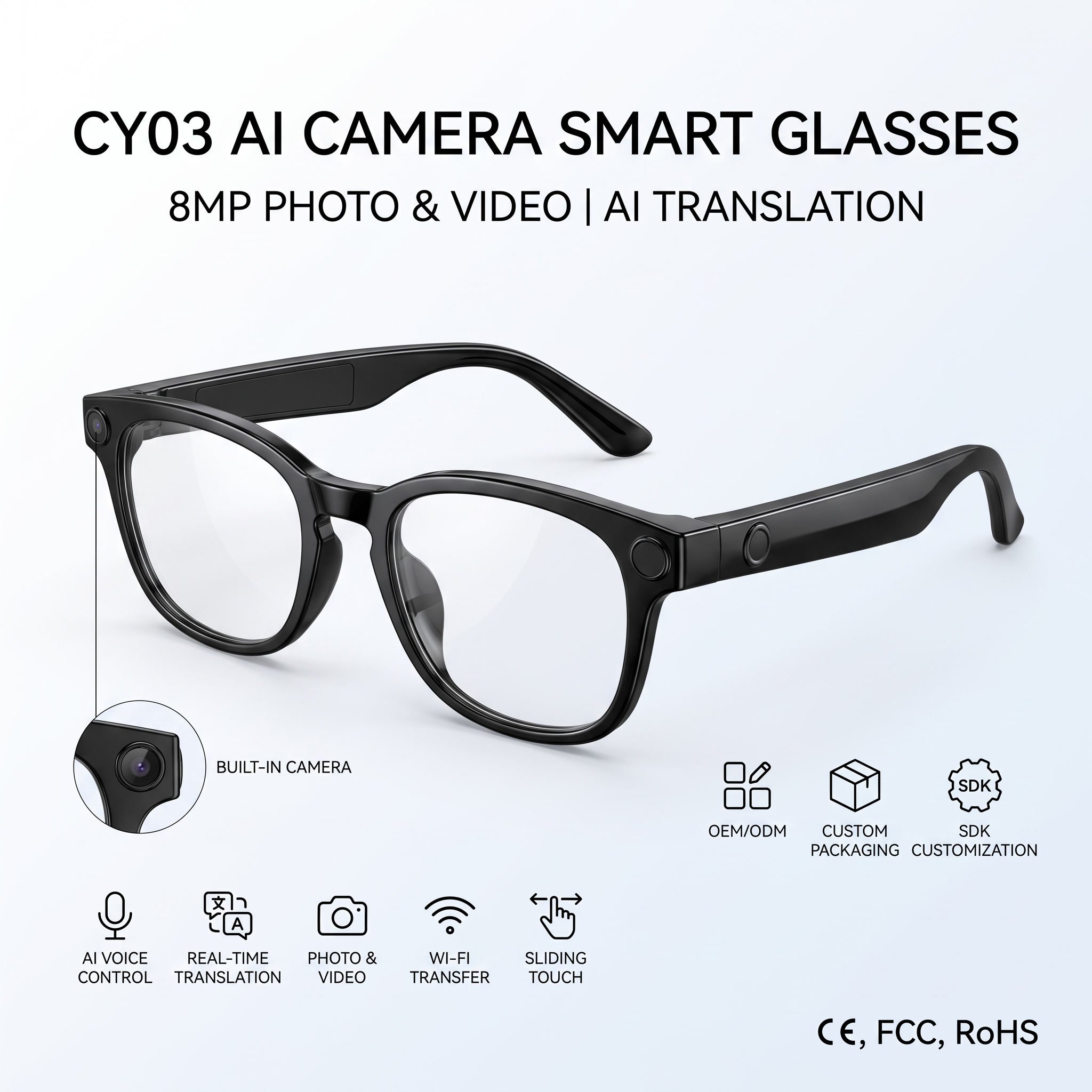 AI Camera Smart Glasses with 8MP Photo Video Capture Voice Control Real Time Translation Touch Smart Glasses OEM ODM Factory · image 1