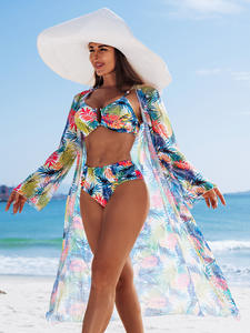 PASUXI Conjunto de Biquíni Feminino 3 Peças com Saída de Praia Estampa Floral Amarelo Traje de Banho Moda Praia - Product Image 2