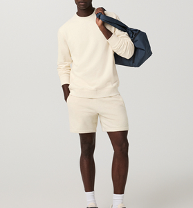 Men's Cream Crew Neck Sweatshirt <b>Set</b> Regular Fit 100% Cotton Solid Color Minimalist Spring Wear Breathable Full Sleeve Shorts - Product Image 1