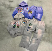 Ensemble sweat-shirt et pantalon de survêtement surdimensionné personnalisé, épais, délavé à l'acide, avec impression sérigraphique et broderie sur les manches, effet vieilli
