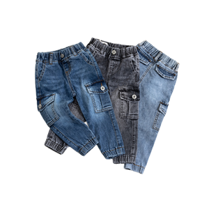 Jean cargo en coton élasthanne pour garçons, taille mi-haute, élastique, 6 poches, délavé, respirant, séchage rapide, pantalon décontracté - Product Image 1