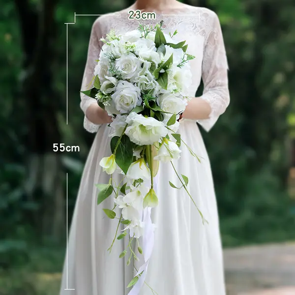 D052 الأعلى مبيعًا زهور صناعية مستلزمات الزفاف باقة عروس بأوراق خضراء باقة عروس