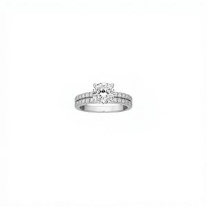 Anello di Fidanzamento Classico in Oro Bianco con Diamante Naturale Taglio Brillante Rotondo e Diamanti Laterali Pavé per Donna F1267 - Product Image 1