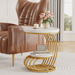 Ensemble table basse ronde moderne et durable en métal avec faux marbre et or <span class=keywords><strong>blanc</strong></span> Petites tables d'appoint Espace <span class=keywords><strong>de</strong></span> rangement Salon Chambre à coucher - Product Image 2