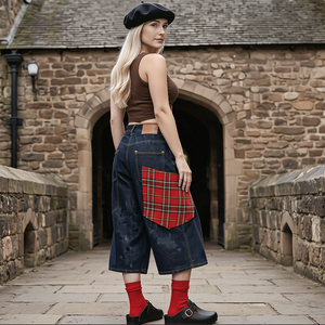 Shorts Vaqueros Anchos Vintage para <span class=keywords><strong>Mujer</strong></span>, Estilo Británico Retro, Pantalones de Siete Puntos Lavados con Bolsillos Cosidos con Cuadros Escoceses - Product Image 1