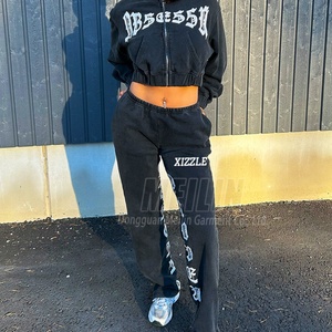 Ensemble de survêtement personnalisé pour femme avec broderie, gris délavé, 100 % coton, sweat à capuche zippé et pantalon de survêtement - Product Image 2