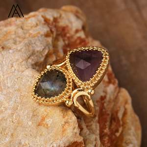 Anillos de amatistas de diseñador, piedras preciosas de cristal Natural, gota, triángulo, forma de lágrima, anillo ajustable, joyería de boda - Product Image 4