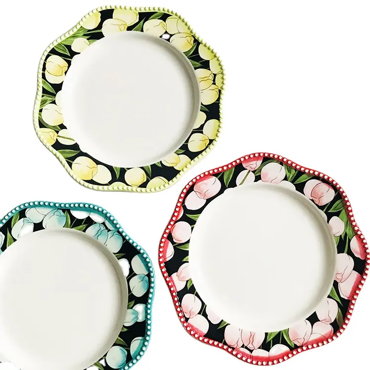 Keramik Pasta Teller Restaurant Teller Set Porzellan Blumen form Gericht mit Perle in Rand