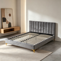 Cadre de lit de rangement rembourré en velours gris, moderne, avec tête de lit capitonnée verticale, confortable, pour chambre à coucher ou salon, sans sommier