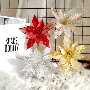Artificial Velvet Poinsettia Sequined Glitter Christmas Wreath <b>Tree</b> Decorations Factory Fashionable Red Flower - Product Image 1