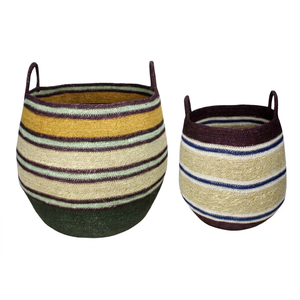 Handwoven Storage <b>Basket</b> with Handles Multi-Color Striped <b>Plant</b> Fiber Bowl Folk Art Style <b>for</b> Home Organizing - Product Image 1
