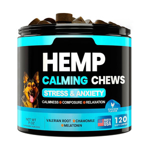OEM ODM Dog Pet sức Khỏe Bổ sung trợ giúp giấc ngủ làm dịu nhai Melatonin hạt cây gai dầu valerian gốc hoa cúc chiết xuất lo lắng mèo - Product Image 1