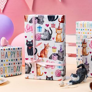 Reversible Cat <b>Wrapping</b> <b>Paper</b> 17 In X 16.5 Ft Double Side Watercolor Kitten Birthday Gift Wrap For Craft Recyclable - Product Image 2