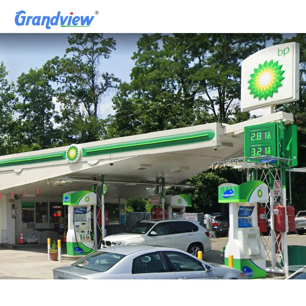 Custom gas station and design steel petrol fuel accessories pylon sign frame design gas station canopy gas station