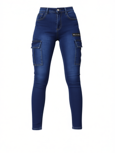 Jeans Cargo de Mujer Lavables, Tejido Sólido, Cintura Alta, Corte Ajustado, Denim Lavado, Largos, Estilo Urbano Chic, Uso Diario - Product Image 1