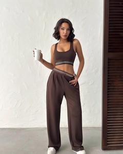 Yoga Sets Crop Top With Pad Wide Leg <b>Pants</b> Solid Color <b>Spandex</b> Full Length Scoop Neck Sleeveless For Workout And Leisure - Product Image 3