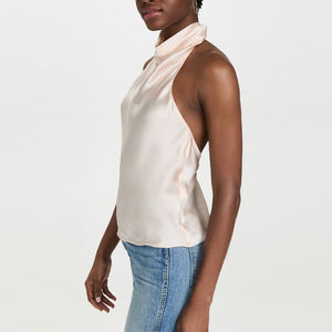 <span class=keywords><strong>Blusa</strong></span> de satén de poliéster OEM para mujer, sexy, con cuello halter, <span class=keywords><strong>espalda</strong></span> descubierta, lisa, teñida, vintage, casual, de verano, con agujeros, venta al por mayor - Product Image 4