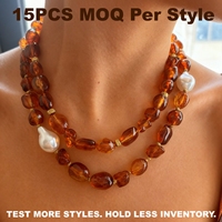 Collier de 15 perles baroques ambre style automne personnalisé, avec éclats de pierres naturelles, bijoux bohèmes ajustables en pierres précieuses pour femme, idéal comme cadeau