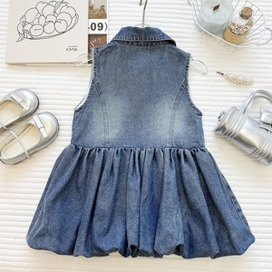 Vestido vaquero sin mangas para niña, con cuello de solapa, decoración de botones, dobladillo de burbujas, vestido informal de verano - Product Image 2