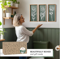 Set Seni Dinding Botani 3D Berbingkai Kayu Modern 3-Potong - Desain Bunga Putih Elegan Ramah Lingkungan di Latar Belakang Hijau