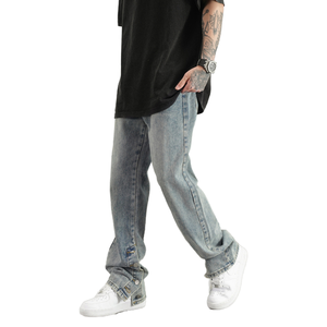 JL Men's Blue Painted Mid Stacked Straight Denim <strong>Jeans</strong> Color Fade Proof Custom <strong>Label</strong> High Street Style Woven Baggy Washed - Product Image 1