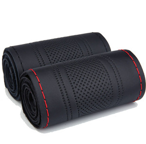 Napa <span class=keywords><strong>cuir</strong></span> noir gaufré couture à la main couture couverture de <span class=keywords><strong>volant</strong></span> pour voiture taille moyenne universelle - Product Image 1