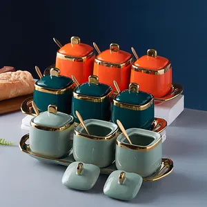 Botes de cocina de cerámica de lujo Tarro de especias cuadrado para condimento de azúcar de té de café con logotipo personalizado