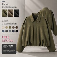 Veste courte zippée surdimensionnée pour femme, col rabattu, manches longues, épaules tombantes, couleur vert olive unie, style décontracté printemps