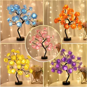 LED gül ağacı lambası USB Powered 24L LED gül çiçek yapay ağaç masa lambası ev düğün yatak odası masa dekorasyon için