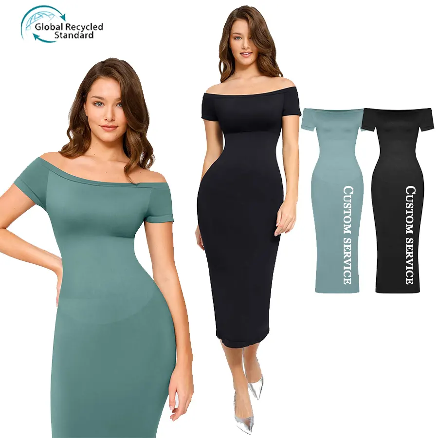 Hexin Groothandel Feestkleding Casual Elegante Naadloze Bodycon Jurk Buit Lifting Plus Size Dames Bovenkleding Met Korte Mouwen