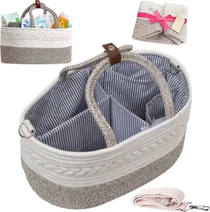 Diaper Caddy Baby Basket - 100% Cotton Rope Diaper Basket with 2 Pockets, Handle Locker and Removable Shoulder Strap