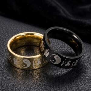 Taoist Style <b>Titanium</b> Steel <b>Ring</b> Black With Yin Yang And Chinese Characters Unisex Jewelry Gift - Product Image 1