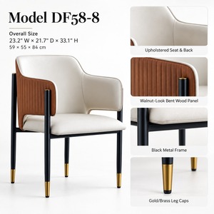 Chaise de salle à manger contemporaine en cuir avec accoudoirs, dossier côtelé, pieds en métal noir et embouts dorés pour restaurant, café, livraison aux États-Unis - Product Image 3
