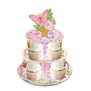 Huancai supporto per torta floreale a farfalla in oro supporto per Cupcake in cartone a 3 livelli per forniture per feste di compleanno per ragazze per bambini