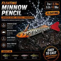 DUHNNUG Leurre de pêche flottant type crayon 7cm 5.2g, appât dur réaliste pour eaux de surface, yeux de poisson 3D, écailles, pour eau salée, rivière et lac