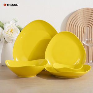 Vajilla de 16, 18, 20 o 24 piezas, utensilios de cocina de color amarillo brillante, platos y tazones de cerámica y porcelana con forma irregular, juego de vajilla. - Product Image 1